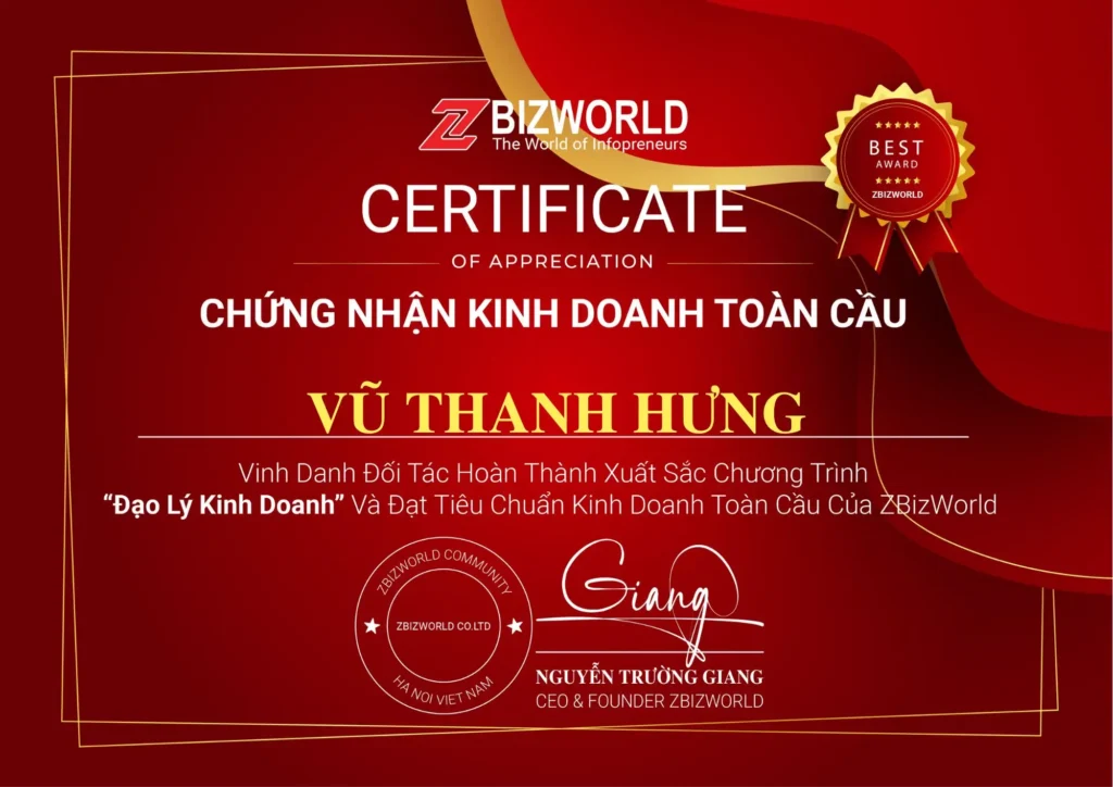 Chứng nhận Đạo Lý Kinh Doanh của Vũ Thanh Hưng