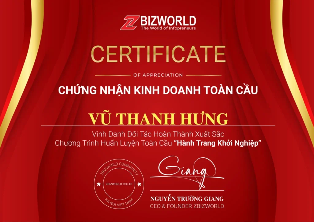 Chứng nhận Hành Trang Khởi Nghiệp của Vũ Thanh Hưng